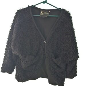 Chandelier Cardigan Sweater Womens Small Black Fuzzy Shaggy Knit V-Neck Button
